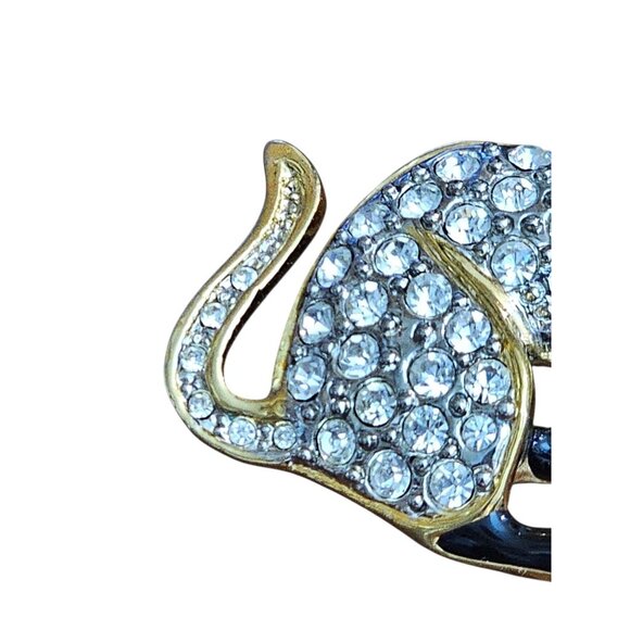 Vintage Rhinestone Cat Brooch Black Enamel Green Eye Kitty Pin Yarn Ball Gold - Picture 6 of 7